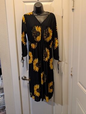 Black Sunflower & Butterfly Summer Stretchy Dress
